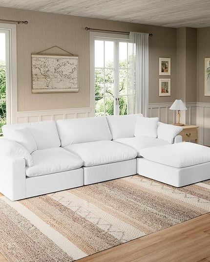 Modular Sectional Sofa Cloud Couch,Down Filled Comfy Cloud Modern Sofa,White Linen L Shape Oversized Couch Cushion Covers Removable Furniture for Living Room