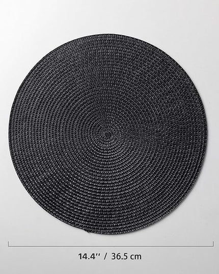 Round Placemats Set of 4 Plastic Woven Placemats Washable Wipeable Table Mats for Dining Table Heat Resistant Non-Slip Circle Place Mats (Black)