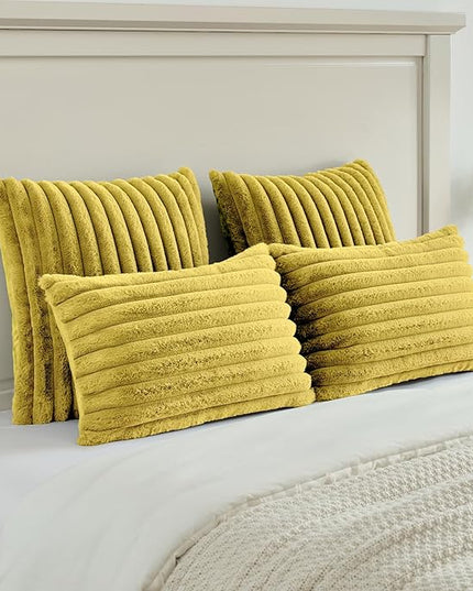 FUTEI Mustard Yellow Throw Pillow Covers Set of 2, 26x26 Inch Striped Texture Euro Pillow Shams with Soft Faux Rabbit Fur Front & Velvet Back, Modern Decorative Couch Pillows for Living Room