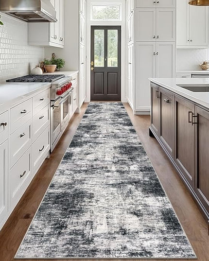 IOHOUZE Abstract Runner Rug 3x18 Ft Extra Long Washable Runners for Hallways, Non Slip Kitchen Runner Printed Faux Wool Entryway Runner Indoor, Modern Abstract Floor Carpet for Hall Stair, Black Grey