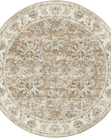 jinchan Fiora Round Rug 5ft Area Rug - Indoor Vintage Hallway Circle 5' Washable - Ultra-Thin Low Pile Soft Small Non Slip Distressed Floral Print for Living Room Dining Room Bedroom Entryway Taupe