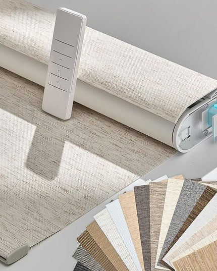 Persilux Smart Motorized Blinds with Remote, No Drill Automatic Roller Shades for Indoor Windows, Blackout Linen Fabric, Electric Blinds for Windows, Nature Cream C153BO-2, Custom Size