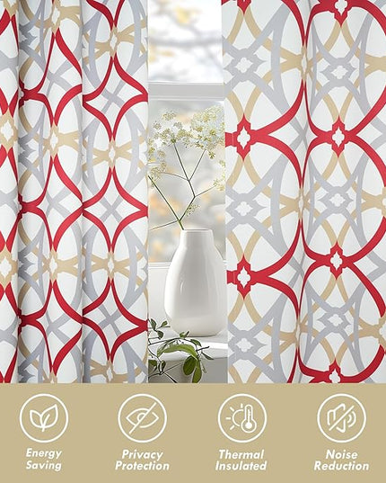 DriftAway Alexander 80% Blackout Curtains for Living Room 250GSM Pattern Match Thermal Insulated Room Darkening Geo Moroccan Mid Century Grommet Bedroom Drapes 2 Panels 52 Inch by 102 Inch Red Gray