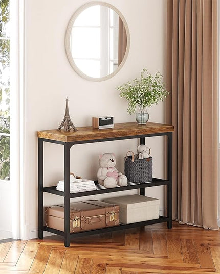 32" Small Console Table with Storage, Narrow Entryway Table, Sofa Table for Living Room, Sturdy 3-Tier Console Tables for Living Room, Hallway, Foyer & Bedroom, Rustic Brown