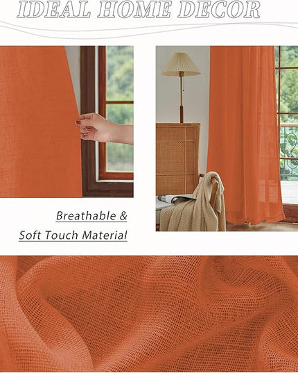 DUALIFE Rust Linen Semi Sheer Window Curtain 84 Inch Length Panels Drapes for Living Room Boho Rod Pocket Back Tab Long Curtains Set 2 for Farmhouse Decor Bedroom,Burnt Orange,52 x 84