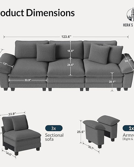 HERA'S HOUSE 124" Modular Sectional Sofa, Oversized Couches for Living Room, Comfy Cloud Couch 3-Seater Deep Seat Sofa with Throw Pillow, Corduroy Grey