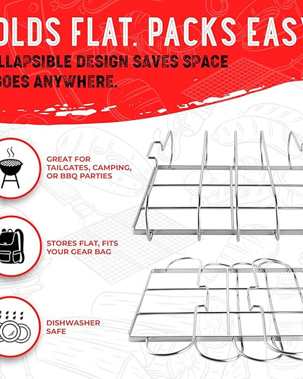 Rib Rack for Smoking & Grilling, Holds up to 4 Full Racks of Ribs, Foldable Design, Fits Large Gas Smoker or Charcoal Grill, Perfect BBQ Accessory, Smoker Accessories, Gifts for Men, Father