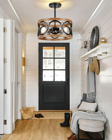 Farmhouse Semi Flush Mount Ceiling Light Fixtures, 3-Light Black Ceiling Light Rustic Light Fixtures for Hallway Entrance Kitchen Bedroom