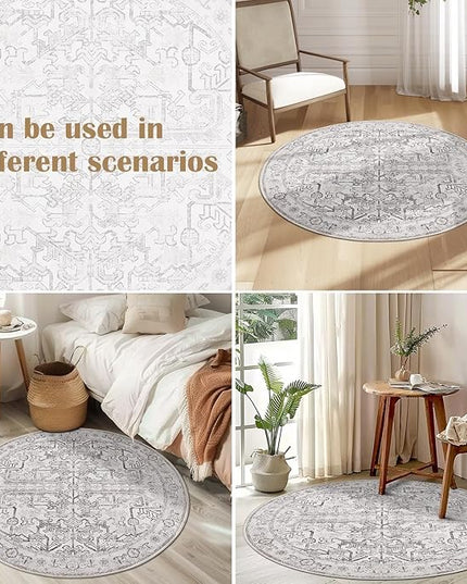 jinchan Lima Round Rug 4ft Vintage Machine Washable Area Rug Indoor Circle 4' Ultra-Thin Non-Slip Floral Print Carpet for Farmhouse Entryway Dining Room Living Room Bedroom Office (4'Round, Taupe)