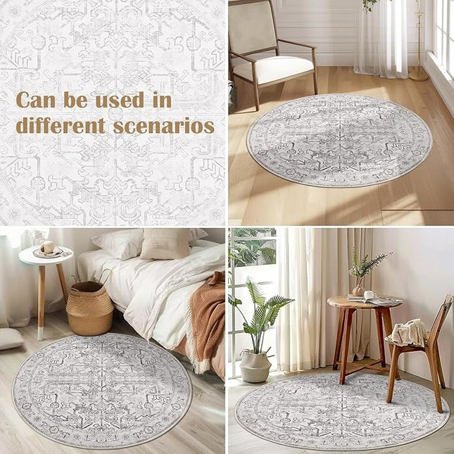 jinchan Lima Round Rug 5ft Vintage Machine Washable Area Rug Indoor Circle 5' Ultra-Thin Non-Slip Floral Print Carpet for Farmhouse Entryway Dining Room Living Room Bedroom Office (5'Round, Taupe)