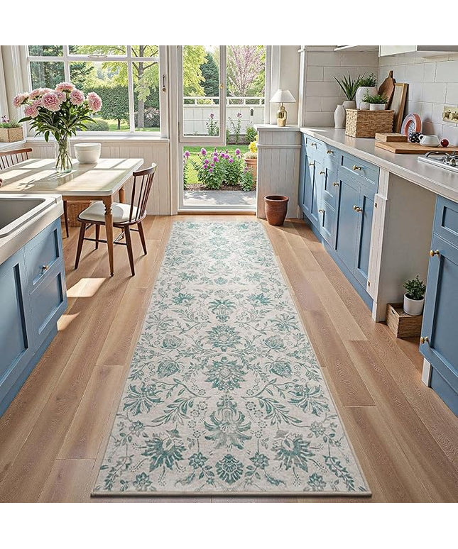 jinchan Torino Runner Rugs 3x8 Vintage-Inspired Floral Design Machine Washable Non-Slip Ultra-Thin Low Pile Rubber Backing Traditional Rug for Kitchen Hallway Laundry Room Entryway