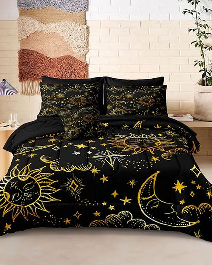 Merryword 8 Pcs Universe Bed in a Bag Sun and Moon Comforter Set California King Size Galaxy Bedding Black Gold Moon Star Pattern Bohemian Gothic Comforter Set