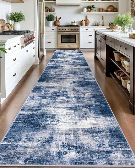 IOHOUZE Abstract Runner Rug 3x16 Ft Washable Runners for Hallways, Non Slip Kitchen Runner Printed Faux Wool Entryway Runner Indoor, Modern Abstract Floor Carpet for Hall Stair, Navy/Grey