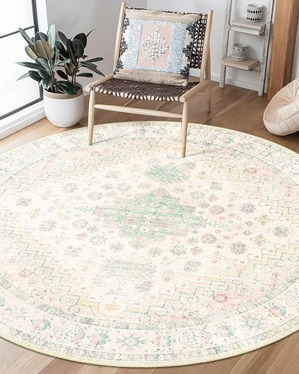 MUJOO Round Rugs 5ft,Circle Area Rug Washable,Circular Rugs for Living Room Dining Room,Boho Non Slip Throw Carpet Light Pink and Green