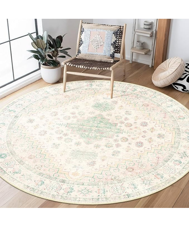 MUJOO Round Rugs 5ft,Circle Area Rug Washable,Circular Rugs for Living Room Dining Room,Boho Non Slip Throw Carpet Light Pink and Green
