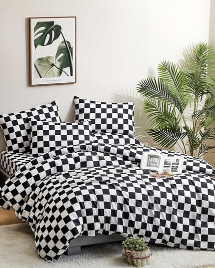 CLOTHKNOW Black White Plaid Twin/Twin XL Comforter Set Grid Bedding Comforter Sets Soft Checker Black and White Comforter with 2 x Pillow Cases