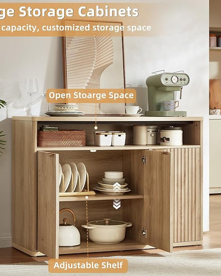 LEYAOYAO Buffet Cabinet with Storage, 45" Wide Fluted Accent Sideboard Credenza with 3 Doors & Open Storage Shelf, Modern Kitchen Wood Media Console Cabinet for Dining Room, Entryway, Natural Oak