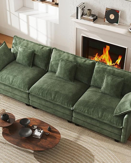 WorthFurni 111.4” Cloud Couch, Modular Sectional Sofa, Comfy Modern 3-Seater Couches with Pillows & Upholstered Deep Seat Cushion for Living Room Apartment Bedroom (Green)
