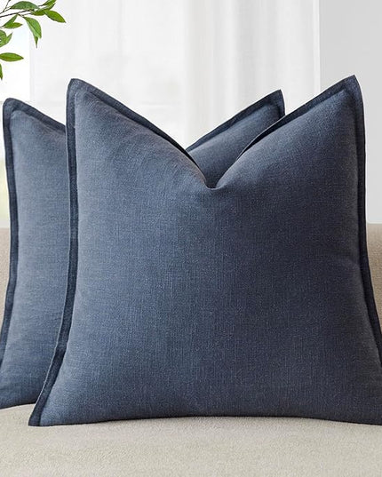 Foindtower Pack of 2, Decorative Linen Soild Throw Pillow Covers Soft Accent Square Cushion Case Boho Farmhouse Pillowcase for Chair Couch Sofa Bedroom Living Room Home Decor 20 x 20 Inch Navy Blue