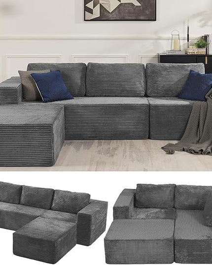 Loveseat Sofa, Cloud Modular Sofa Couch, Upholstered Floor Sofa with Deep Seat, Upholstered Foam Couch for Bedroom Living Room, No Assembly Required (Plush Corduroy Fabric, Grey)