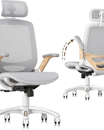 GABRYLLY Ergonomic Office Chair, High Back Home Desk Chair with Flip-Up Arms, Headrest, 90-120° Tilt and Wide Cushion, 400LBS White Mesh Chair for Work Gaming Study (GY01-NT, Woodgrain Pattern)