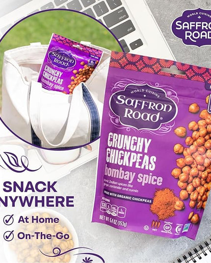 Saffron Road Roasted Bombay Spice Crunchy Chickpeas | High-Protein, Vegan, Gluten-Free, Non-GMO, Halal & Kosher Certified Snack | 5.4 oz Resealable Pouch | Pack of 6