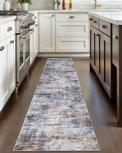 IOHOUZE Abstract Runner Rug 2x8 Ft Washable Runners for Hallways, Non Slip Kitchen Runner Soft Printed Faux Wool Entryway Runner Indoor, Modern Abstract Floor Carpet for Hall Bedroom, Orange Grey