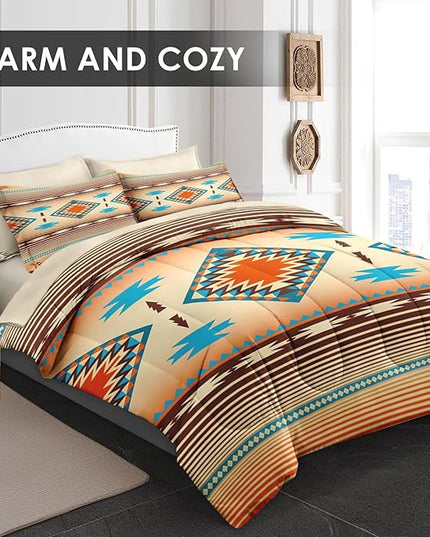 Comforter Set Full Size, Southwest Western Geometric 7 Pcs Bedding for Kids and Adults, Mexico Stripe Turquoise Bed Sheet Sets with Fitted Sheet 2 Pillowcases & 2 Shams