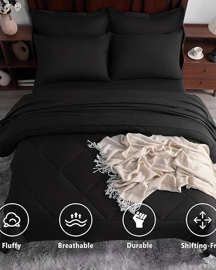 NTBAY King Comforter Set with Sheets, 7 Pieces Soft and Breathable King Bedding Set, Bed in a Bag, Down Alternative Comforter Set Solid Color All Season, King Bedding Set, Black