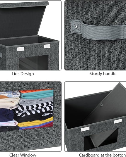 Univivi Fabric Foldable Storage Boxes with Lids [4-Pack] Large Stackable Storage Bins, Closet Organizers and Storage Cube Storage Organizer for Home, Office, Bedroom (Black, 17“ x 12” x 12")