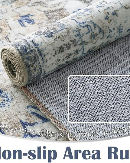 jinchan Kalen Area Rug 5x7 Washable Living Room Rug Soft Vintage Indoor Thin Retro Distressed Floor Cover Blue Floral Country Boho Rug Non Slip Carpet for Bedroom Office Dining Room