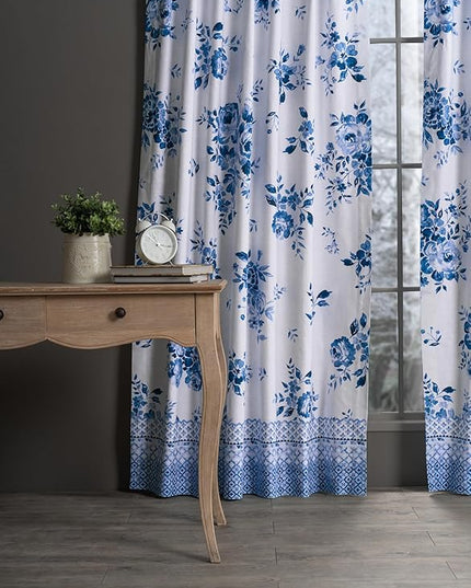 Maison d'Hermine Curtains for Living Room 100% Cotton 96 inch Length Two Panels Window Curtains for Bedroom with Loop & Rod Pockets - Rose Garden - Blue, 50" W x 96" L