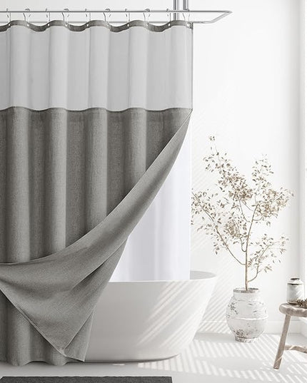 Naturoom Long Shower Curtain 84 Length Linen Thick Cloth Bath Grey Shower Curtain Set with Liner, Tall Modern Farmhouse Neutral Fabric Men Curtains for Bathroom, Mesh Top Window, Gray