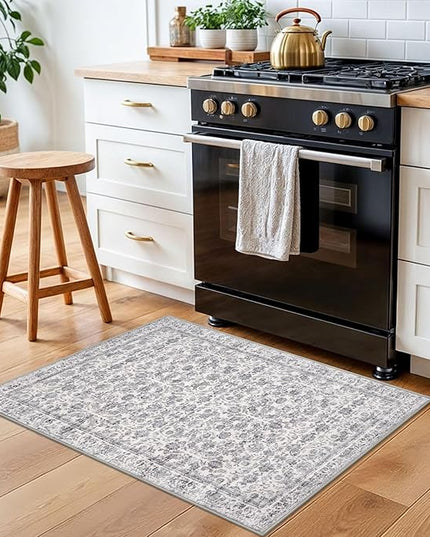 2x3 Washable Rug Soft Area Rug for Entryway, Grey Non-Slip Indoor Door Mat Distressed Floral Low-Pile Kitchen Rugs, Neutral Vintage Carpet for Entrance Kitchen Bedside Farmhouse