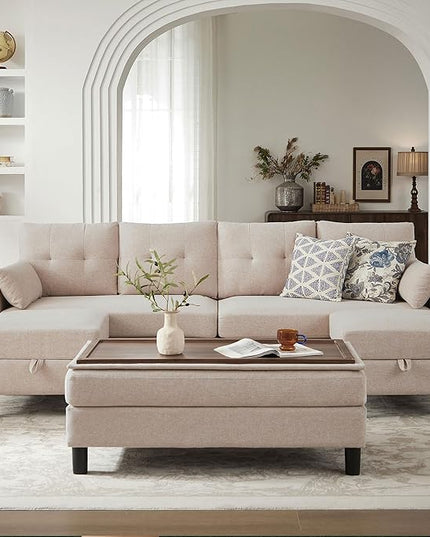 Convertible Sectional Sofa with Storage Ottoman Bench, 101" U Shaped Couch 4-Seat Sofa Set for Living Room/Apartment, Sectional Couch with Movable Ottoman, Beige