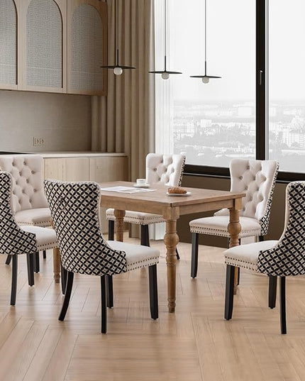 SoarFlash Velvet Dining Chairs Set of 8, Tall Back Side Chair, Modern Upholstered Side Chair with Button Back Ring, Solid Wood Legs (White&Plaid)
