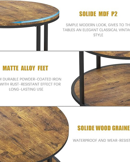 NSdirect Round Coffee Table, 25.6" Small Coffee Table for Living Room,2-Tier Rustic Wood Desktop with Storage Shelf Modern Design Home Furniture(Brown)