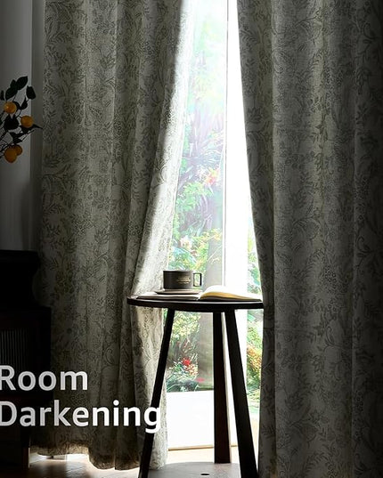 Lazzzy Green Floral Lined Curtains Linen Farmhouse 63 Inch Length Grommet Top Drapes for Living Room Bedroom Patterned Country Vintage Flower Curtains 2 Panels Set Green on Beige