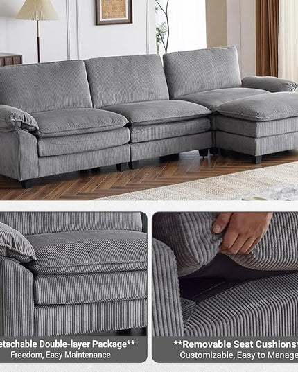 VINGLI 121" L Shape Sectional Couch, Convertible Sectional Couch for Small Living Room,Modern 3-Seat Convertible Loveseat Sofa with 1 Ottoman in Corduroy,Light Grey