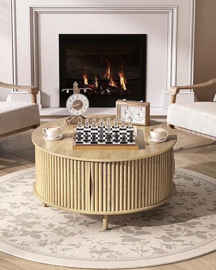 Round Coffee Table with Storage, 31.5" Mid Century Modern Coffee Table with Sliding Door & Solid Wood Legs, Minimalist Fluted Center Table for Living Room, Home Small Space, Oak
