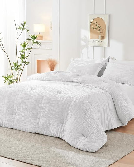 HYMOKEGE White California King Comforter Set Seersucker 7 Pieces, All Season Luxury Bed in a Bag for Bedroom, Bedding Set with Comforters, Sheets, Pillowcases & Shams