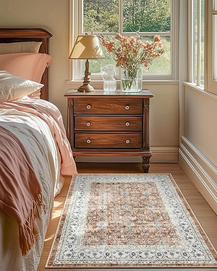 jinchan Floral 3x5 Area Rugs for Entryway - Orange Vintage Distressed Design Doormat Non-Slip Ultra-Thin Low Pile Boho Rug for Kitchen Living Room Bedroom Farmhouse (3‘x5', Orange)