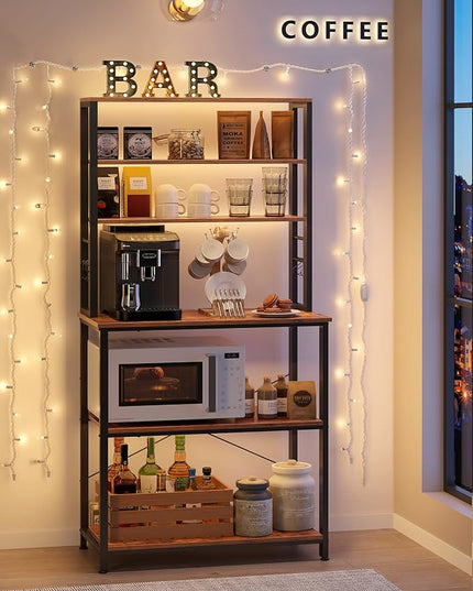 VASAGLE Coffee Bar, 31.5 Inches Baker's Rack for Kitchen with Storage, 6-Tier Kitchen Shelves with 6 Hooks, Microwave Stand, Industrial, Rustic Brown and Ink Black UKKS019B01