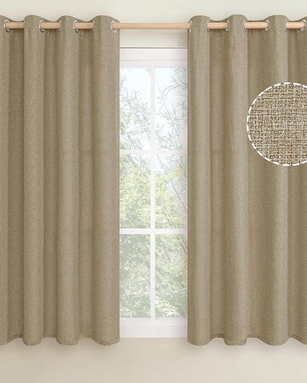 LAMIT Natural Linen Curtains 45 inch Length 2 Panels, Linen Textured Thermal Insulated Bedroom Curtains Grommet Privacy Light Filtering Drapes for Living Room/Farmhouse, W52 x L45, Tan Brown