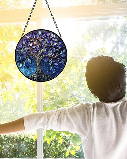Stained Glass Window Hanging, Blue Purple Tree of Life Sun Catchers Colorful Glass Panel Plants Suncatcher Decor for Birthday for Women,Men,Wife, Lovers, and Mom 6.3 in
