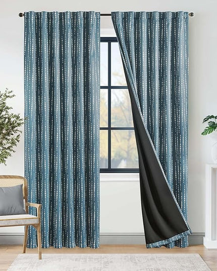 jinchan 95% Blackout Bohemian Moon Phase Print 84 Inch Long Blue Curtain Suitable for Bedroom, Living Room, Nursery, Farmhouse, Pole Mouth, Back Label, Insulated Window Treatment Set 2 Panels