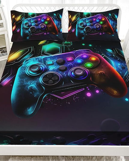 AILONEN Gamepad Fitted Sheet for Kids Girls Queen Size, Beautiful Gamer Bed Sheet Set,3D Colorful Game Handle Theme Bed Sheet Sets,1 Fitted Sheet and 2 Pillowcases,3 PCS,All Season Use