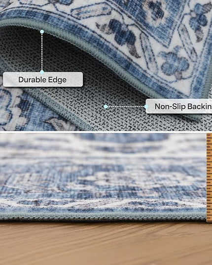 ReaLife Rugs Machine Washable Area Rug Runner - Living Room Bedroom Bathroom Kitchen Entryway Office - Padded Low Pile Stain Resistant Premium - Boho Farmhouse Vintage - Joy - Blue Ivory 2'6" x 6'