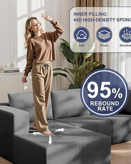 138" Boneless Couches for Living Room, Modular Cloud Couch Sofa - 4 Pieces L Shap Corduroy Sectional Sofa, Fluffy Memory Foam Sleeper Sofa Furniture, No Assembly, Wide Armrest, Grey
