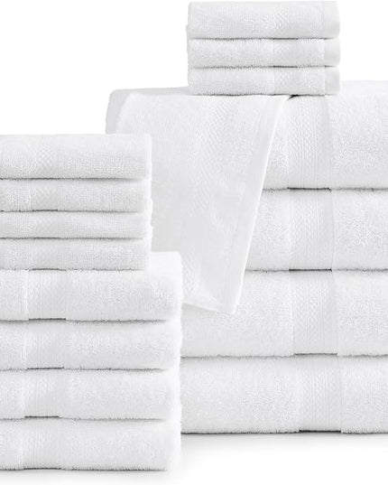 LANE LINEN 100% Mercerized Cotton Luxury Bathroom Towel Set - 16 Pcs - Super Soft, Fluffy & Highly Absorbent - 4 Bath Towels, 8 Washcloths, 4 Hand Towels - Complete Family Pack - White Bath Towel Set